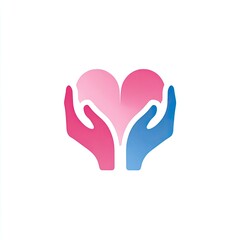 Obraz premium Gradient hands cradling a heart symbol. Pink and blue hues. White background. Minimalist graphic