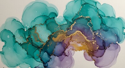 Abstract alcohol ink art with flowing teal purple and gold hues