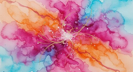 Vibrant abstract alcohol ink painting with swirling colors and delicate sparkles
