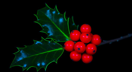 Holly Berry: A vibrant close-up captures the festive charm of a sprig of holly, showcasing its glossy green leaves and a cluster of bright red berries against a deep, enveloping backdrop.
