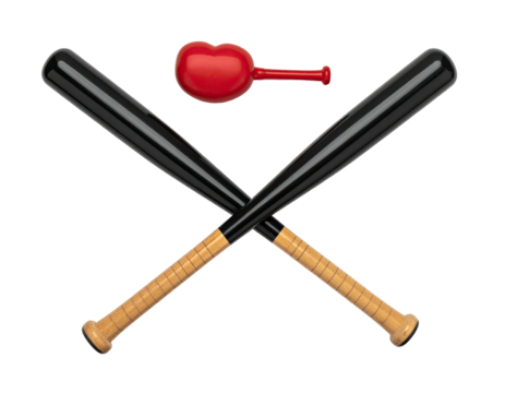 Crossed baseball bats with a red ball