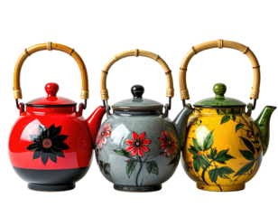 Three colorful ceramic teapots with floral patterns