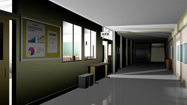 夜の学校を題材にしたアニメの背景に使える動画（職員室前から玄関を通って運動場へとカメラは移動します）