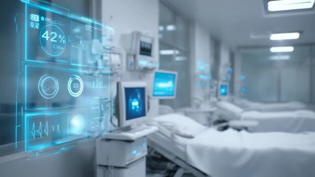 High tech hospital environment featuring digital screens and medical devices monitoring patient health in real time. Futuristic healthcare technology enhances patient care and diagnostics