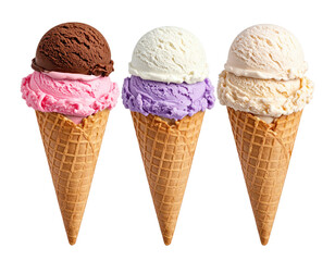 Three ice cream cones with scoops of different flavors