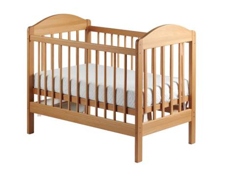 Light-brown wooden crib with a white mattress