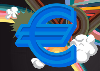 Retro 70s Background with Euro sign. Groovy European Union Currency 1970s art template. Minimalistic Vintage design poster. Old-fashioned color artwork.