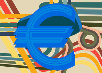 Retro 70s Background with Euro sign. Groovy European Union Currency 1970s art template. Minimalistic Vintage design poster. Old-fashioned color artwork.