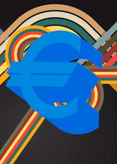 Retro 70s Background with Euro sign. Groovy European Union Currency 1970s art template. Minimalistic Vintage design poster. Old-fashioned color artwork.
