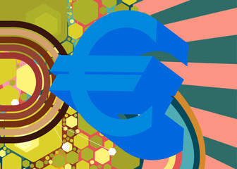 Retro 70s Background with Euro sign. Groovy European Union Currency 1970s art template. Minimalistic Vintage design poster. Old-fashioned color artwork.