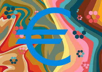 Retro 70s Background with Euro sign. Groovy European Union Currency 1970s art template. Minimalistic Vintage design poster. Old-fashioned color artwork.