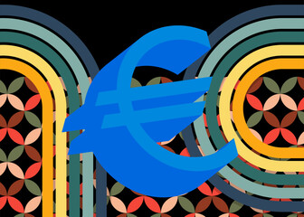 Retro 70s Background with Euro sign. Groovy European Union Currency 1970s art template. Minimalistic Vintage design poster. Old-fashioned color artwork.