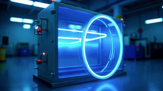 Futuristic lab device with a glowing blue circular ring, neon-lit metal housing, high-tech ambience