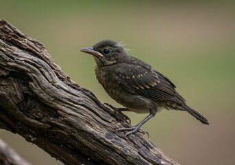 Obraz premium Young Brown Bird Resting on Aged Branch Texture and Nature Beauty