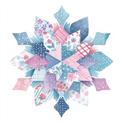 A patchwork snowflake design, featuring various floral and patterned fabrics.  Soft pastel colors, including blues, pinks, and purples, radiate outward from a central point