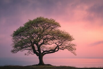 Lone tree on a hill silhouetted against a vibrant pink and purple sunset sky over the ocean