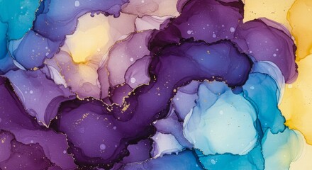 Abstract swirls of vibrant purple blue and yellow ink blended together
