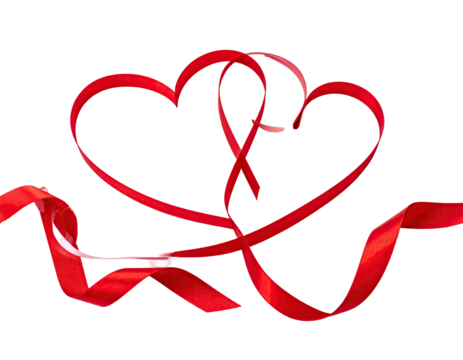 Two intertwined red hearts with ribbon