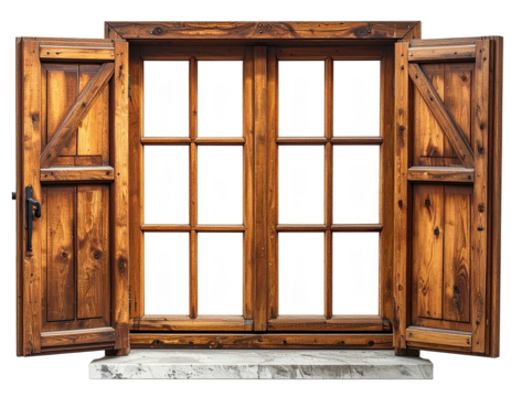 Wooden window with open shutters