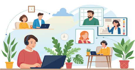 Remote team collaboration with video conferencing in a modern virtual office environment setting