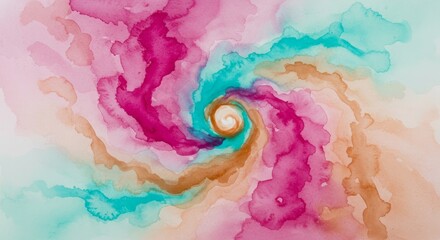 Vibrant abstract watercolor swirl with pink turquoise and orange hues creating a dynamic vortex effect