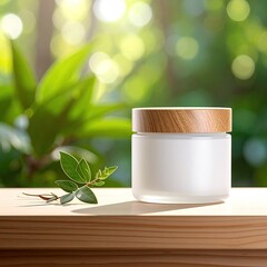Cream jar with leaf, wood, sunlight. Natural skincare