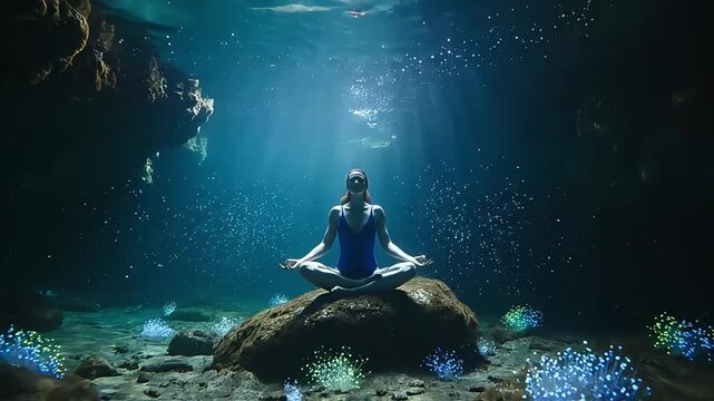 woman in lotus pose meditating underwater on a rock bathed in sunbeams in a cenote symbolizing profound spiritual peace.