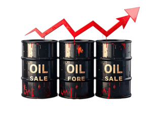 Three oil barrels with a rising red arrow, showing oil prices increasing
