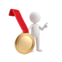 3D Figure with Gold Medal and Red Ribbon on Transparent Background