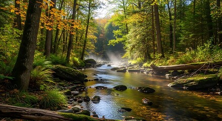 Obraz premium Serene autumn stream flowing through a lush forest landscape in Pennsylvania