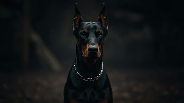 Majestic Doberman Pinscher with cropped ears standing alert, strong and confident stance, dramatic moody lighting
