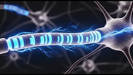 Close up of a neuron transmitting an electrical impulse along its axon. - Powered by Adobe