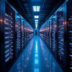 Obraz premium Futuristic Data Center Corridor with Glowing Blue Lights and Servers in Rows