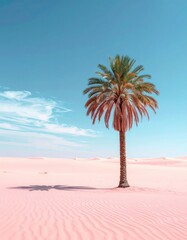 Palm tree stands in vast, pink desert under a clear, blue sky
