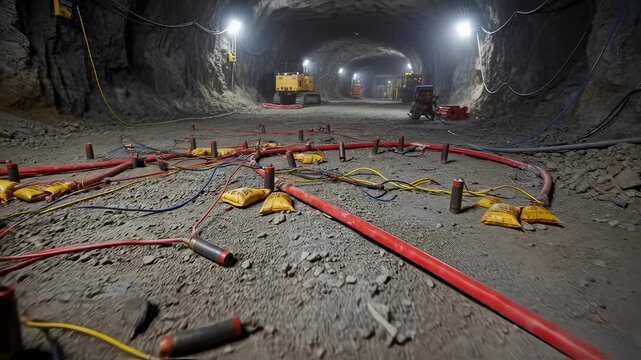 Closeup of unprimed explosive materials laid out on a rugged surface showcasing preparation before activation in mining operations.