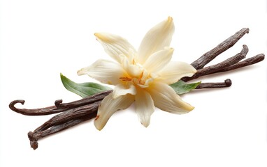 A delicate cream-colored vanilla flower with beans and leaves on a bright white background