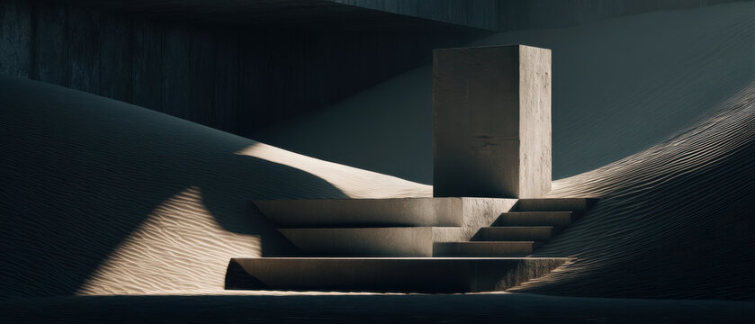 Monolithic concrete block stepped platform dimly lit abstract architectural space with textured sand surfaces and dramatic