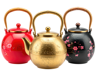 Three teapots, various colors, Asian-inspired design