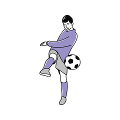 A simple line drawing illustration of a male soccer player in a purple uniform kicking a ball.