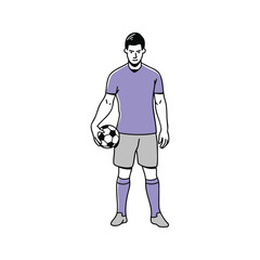 A soccer player stands holding a ball, wearing a purple shirt and gray shorts, looking forward.