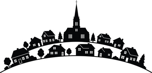 black and white silhouette illustration of village houses with church building on hill countryside rural landscape vector artwork design graphic