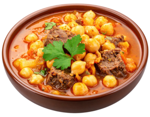 Hearty stew with chickpeas and beef in a bowl