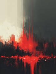 Bright red hues blending with dark silhouettes illustrate the bustling energy of a city as it transitions from day to night, full of life and movement.