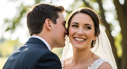 Close-up of a happy bride and groom on their wedding day, sharing a tender moment outdoors during their celebration