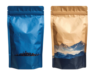 Two standing pouches, one blue, one tan, with a view of mountain scenery