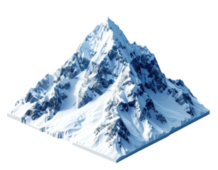3D isometric view of a snow-capped mountain.  Sharp peak, detailed snow