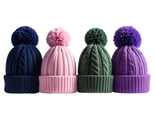 Four knitted winter hats in various colors