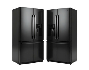 Two black refrigerators, glossy finish, studio shot
