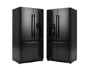 Two black refrigerators, glossy finish, studio shot