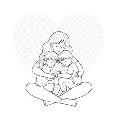 A loving mother sitting crosslegged tenderly hugging her two young children in a line art illustration.